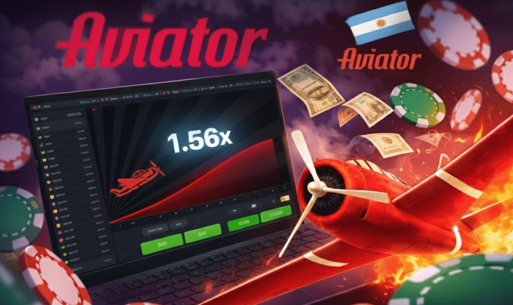 Aviator Argentina: laptop con crash game, avión rojo y multiplicador en vivo